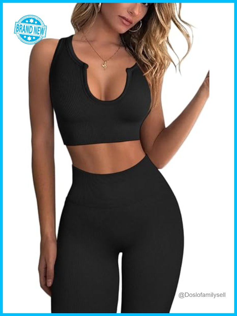 Ribbed Seamless 2 Piece Workout Set - Crop Tank & High Waist Yoga Leggings